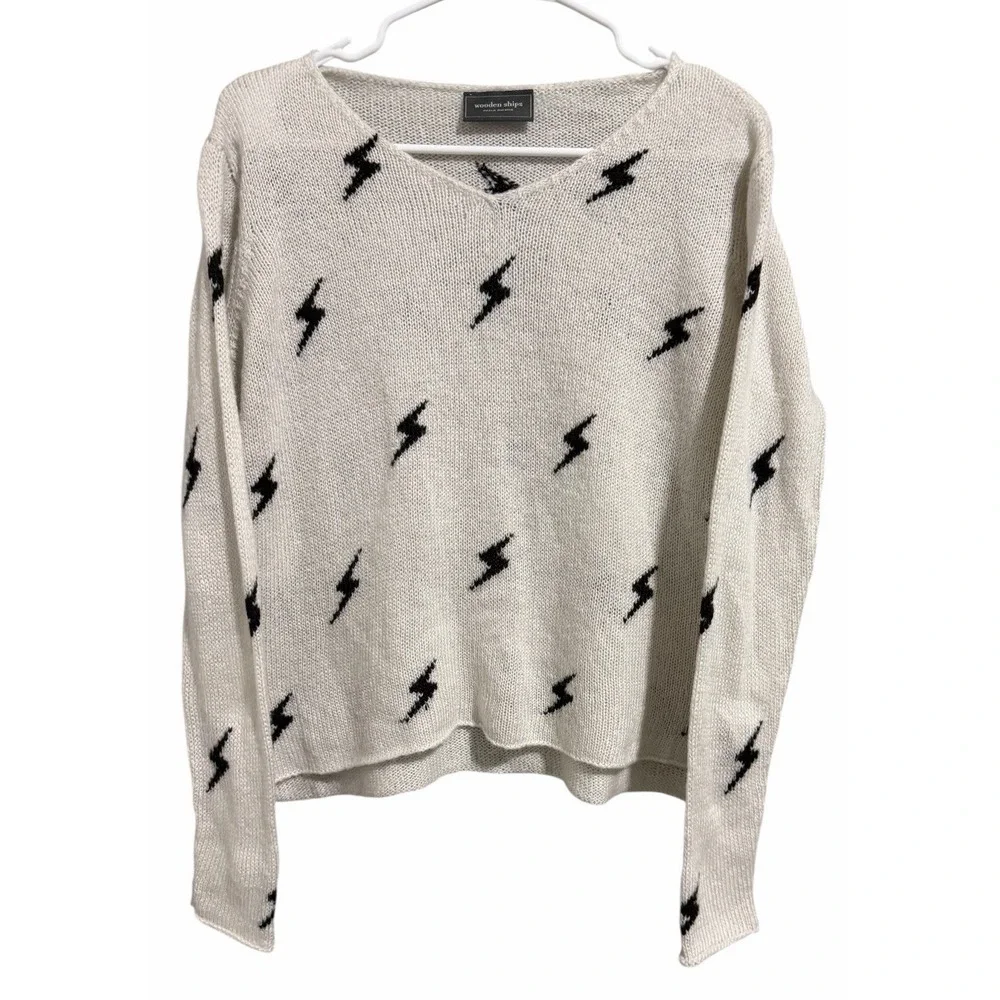 Wooden Ships Paola Buendia White Knit Sweater W/Black Lighting Bolts Size XS/S - Picture 1 of 10